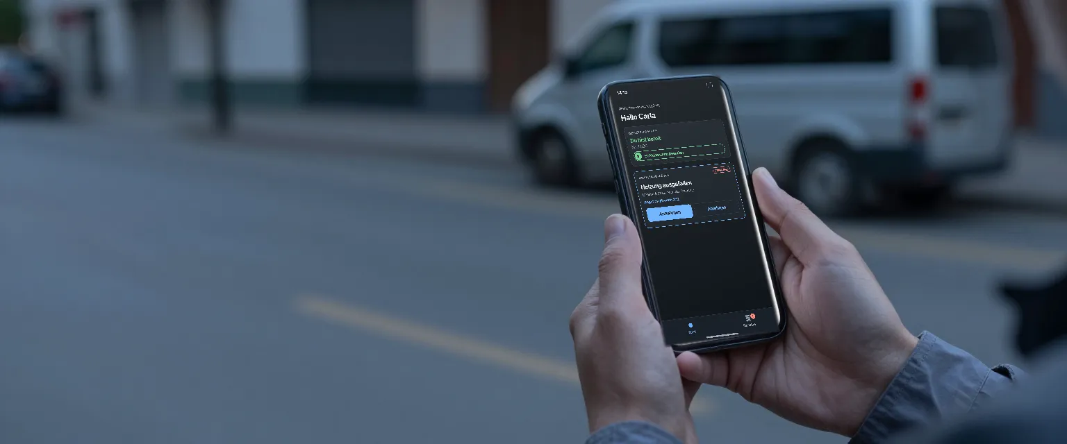 Eine Person im Arbeitsalltag hält ein Handy, darauf ein angebotener Einsatz mit den Knöpfen Annehmen und Ablehnen.
