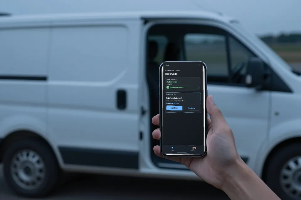 Handy mit einer angebotenen Fahrt neben einem Transporter.